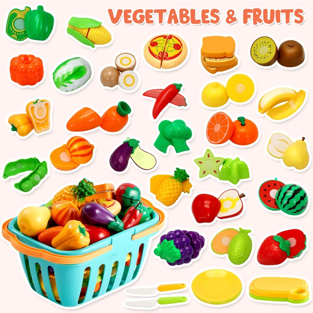 71Pcs Pretend Cutting Food Toy Set Fruits, Veggies, Basket Utensils - Babies Mall