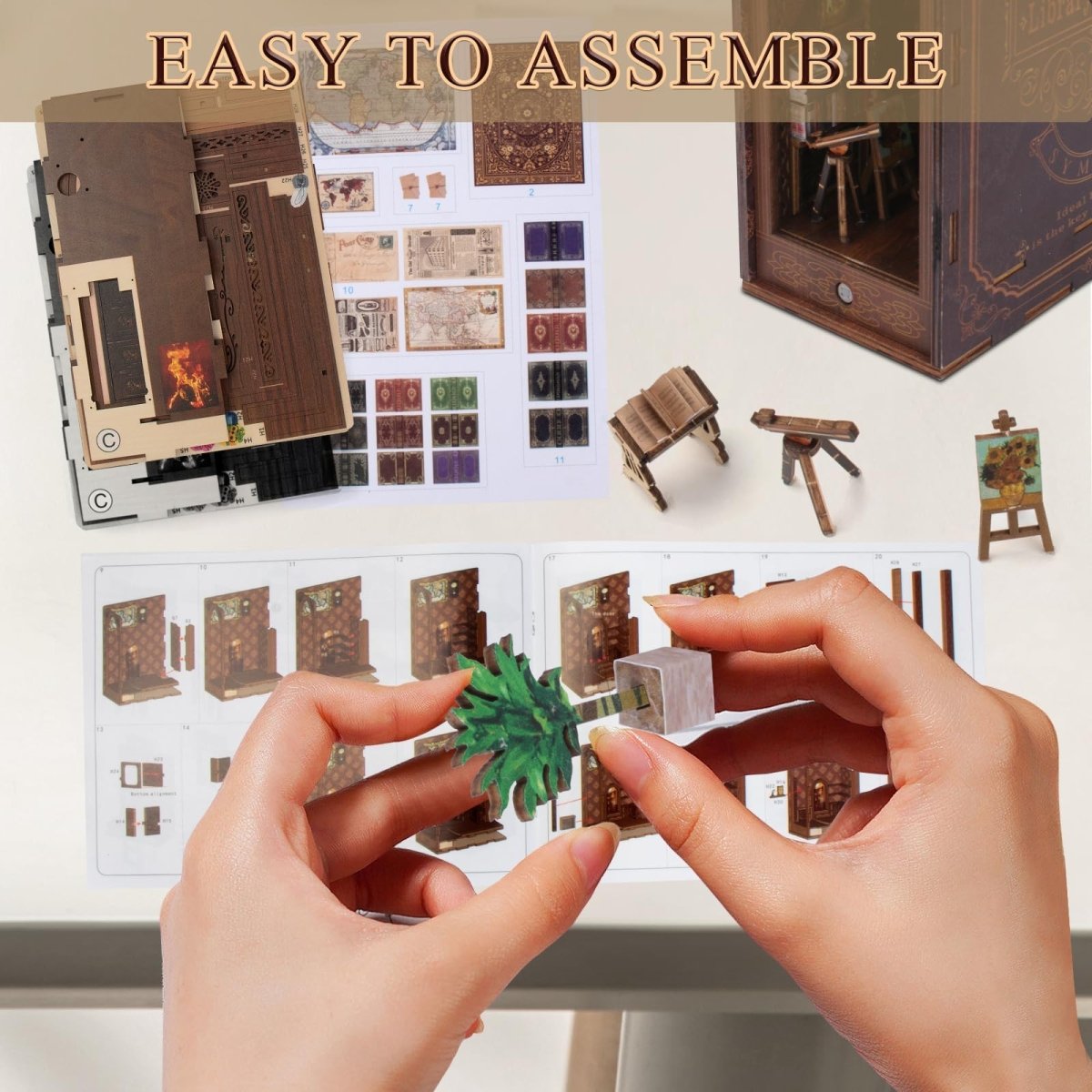 Book Nook Miniature Library Kit with Sensor Light, DIY for Bookshelf - Babies Mall