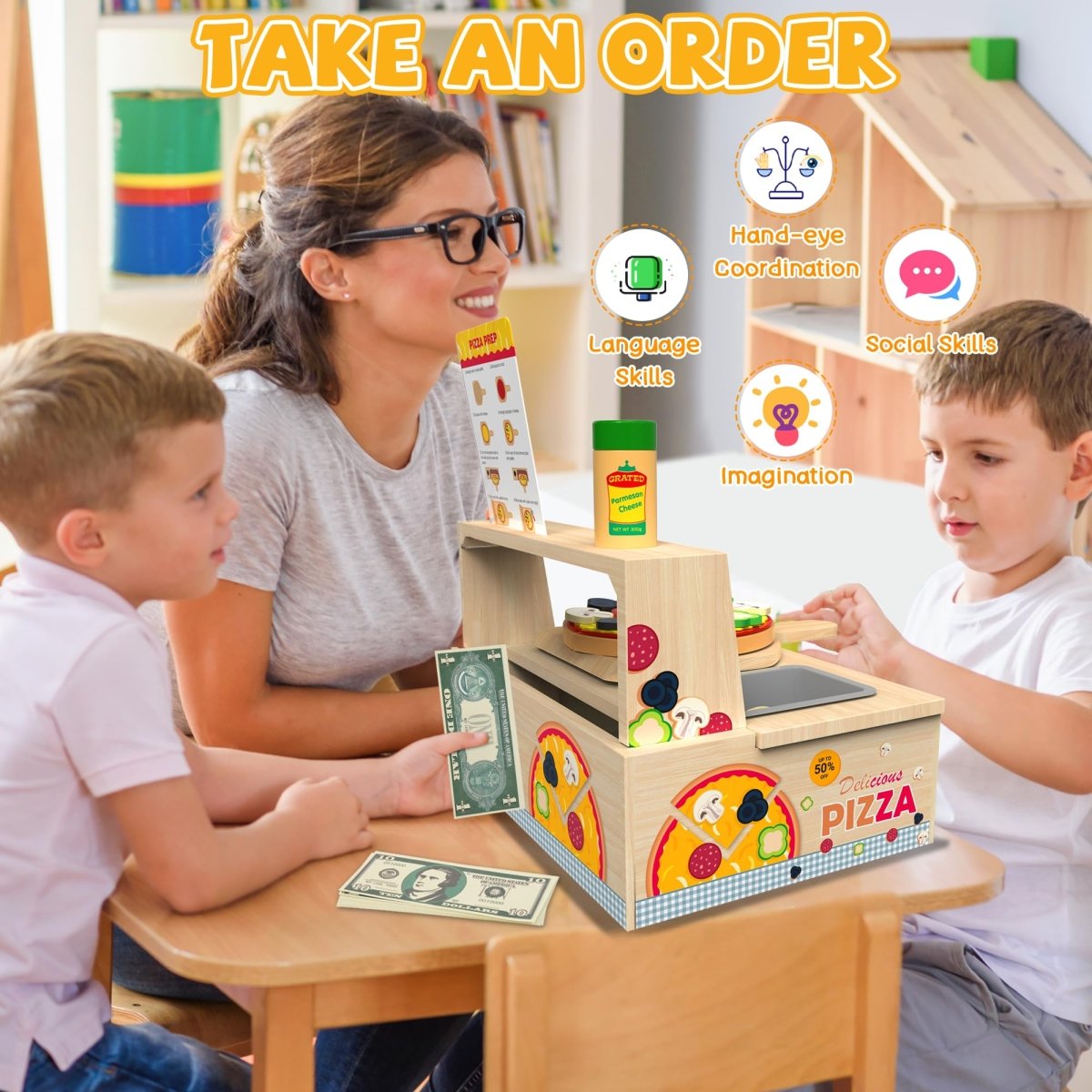 Montessori Wooden Pizza Toy with Counter Menu, Oven, Storage 49 Pieces - Babies Mall