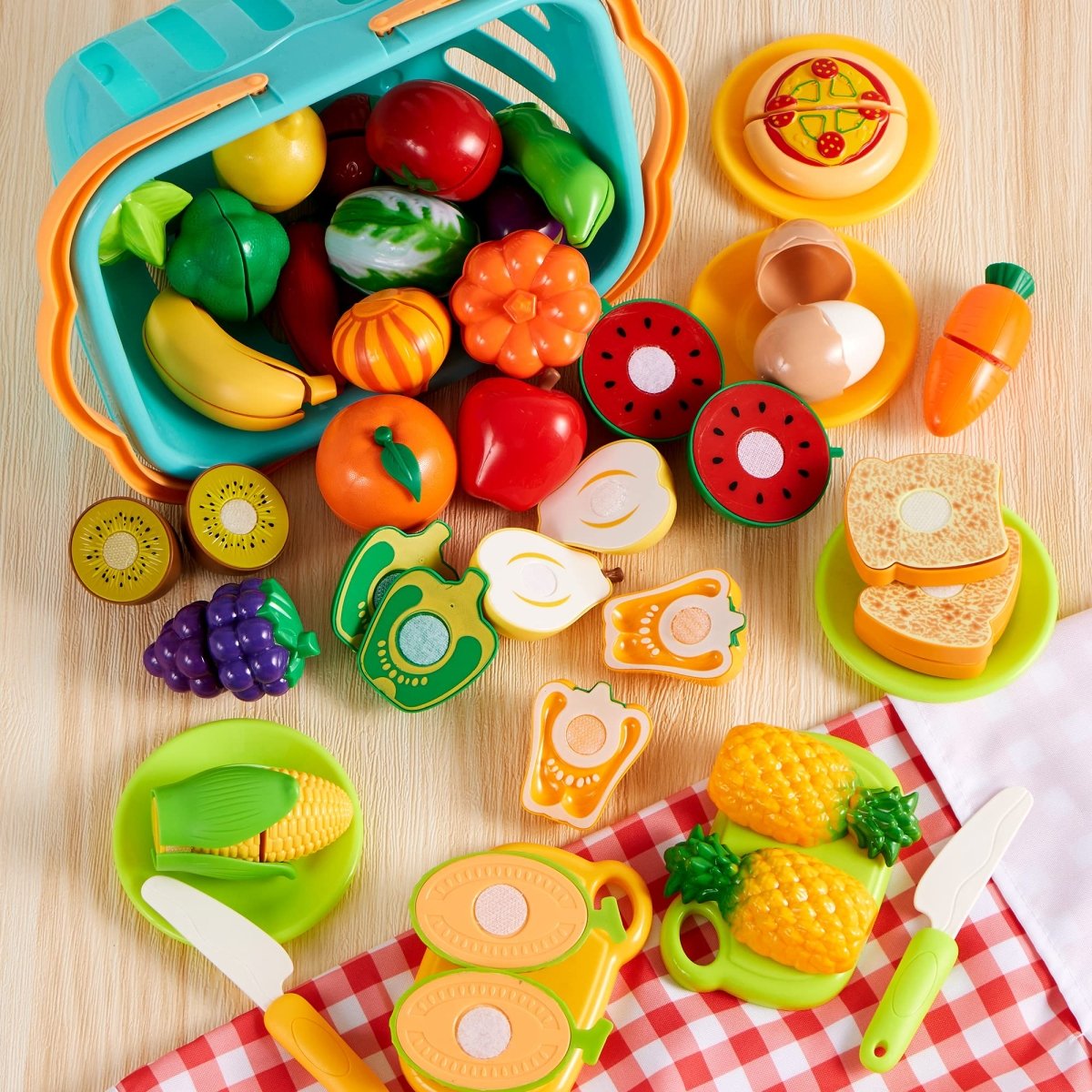 71Pcs Pretend Cutting Food Toy Set Fruits, Veggies, Basket Utensils - Babies Mall