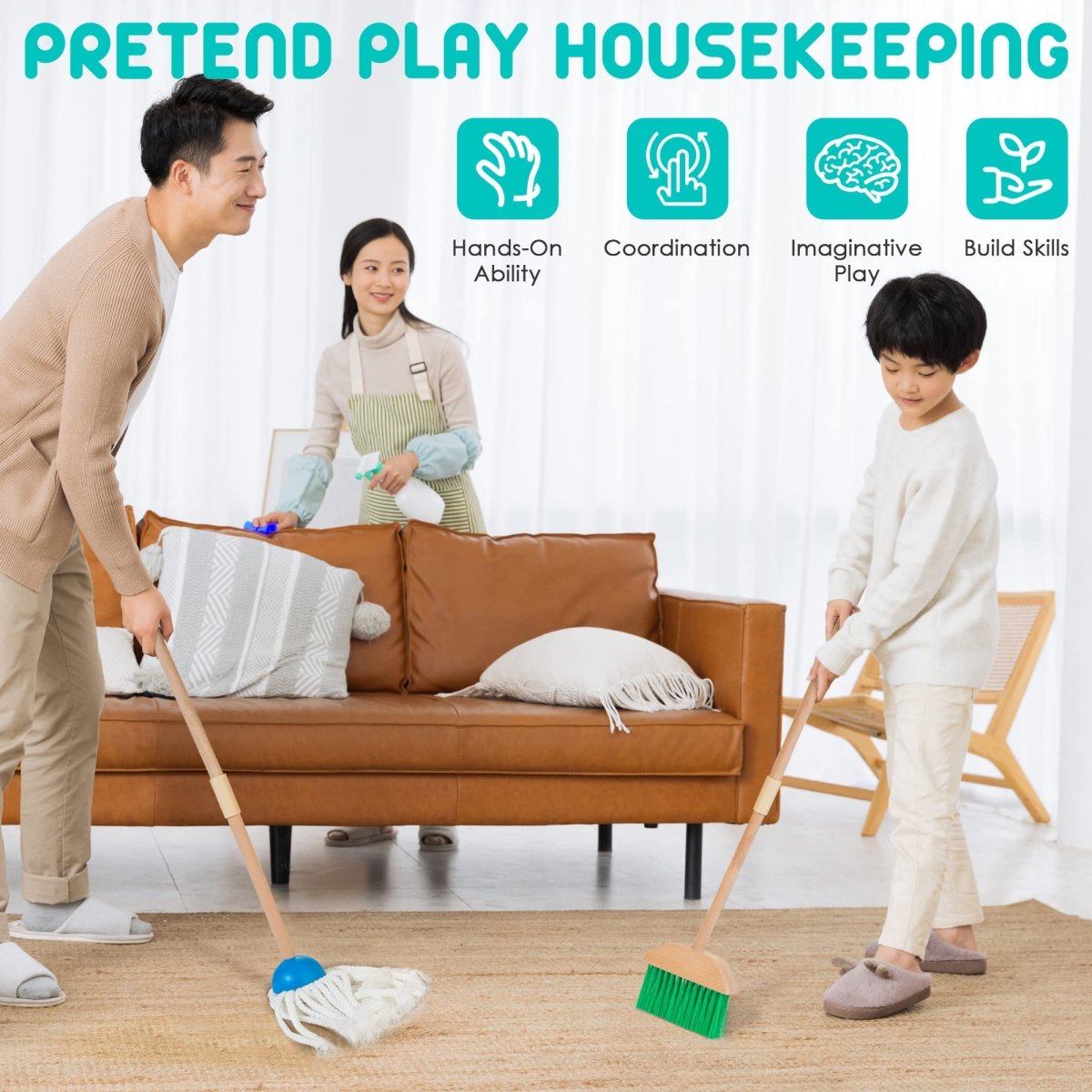 8 - Piece Wooden Cleaning Set for Kids with Mop Broom Brushes Stand Rag - Babies Mall