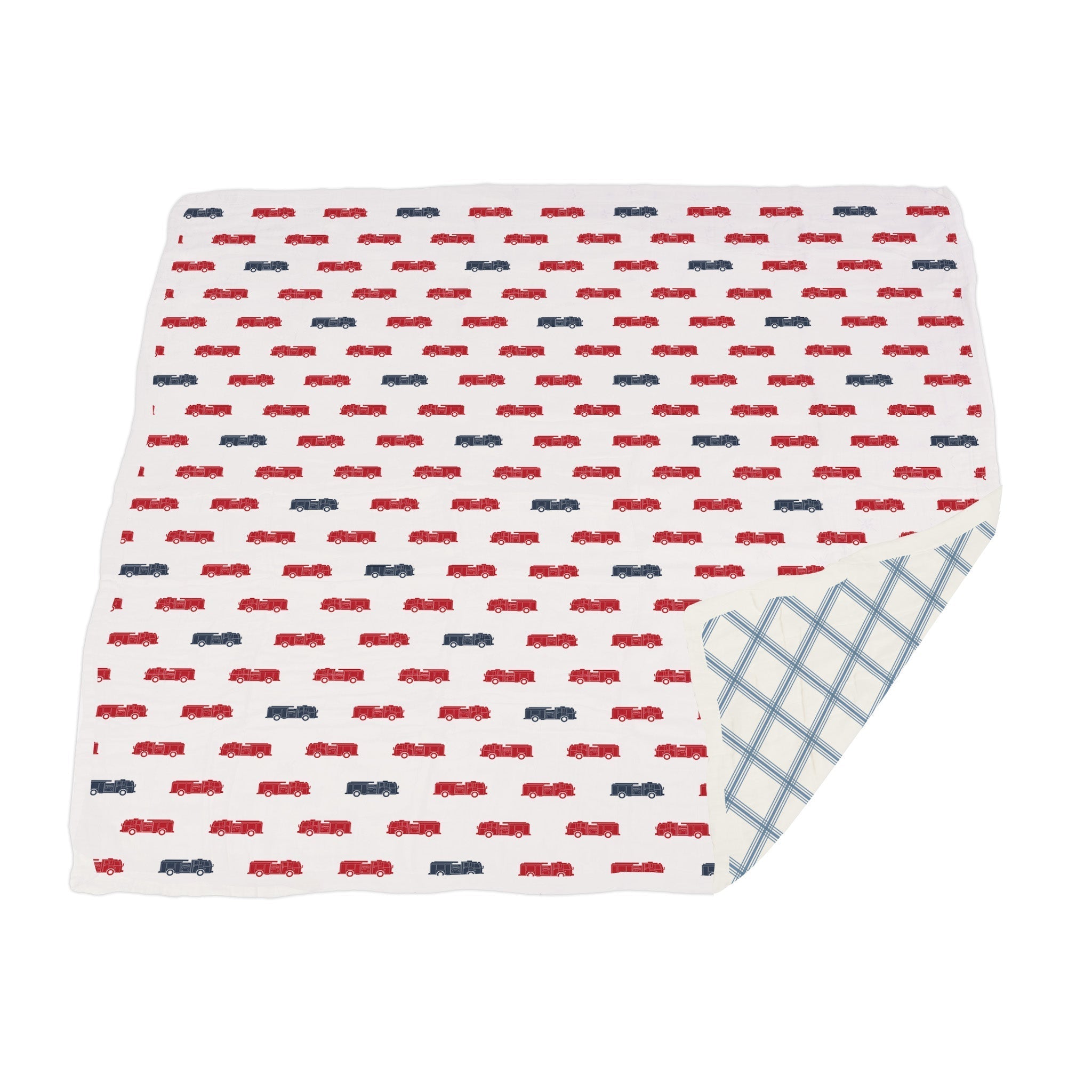 Blue and Red Fire Trucks and Buffalo Check Plaid Blanket