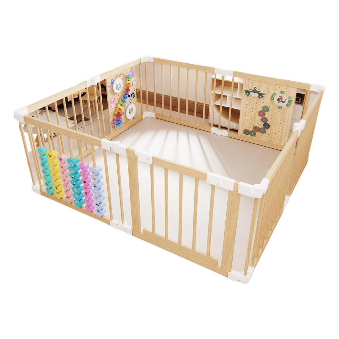 Foldable Wood Baby Playpen with Music Panel, Abacus, Lockable Joints - Babies Mall
