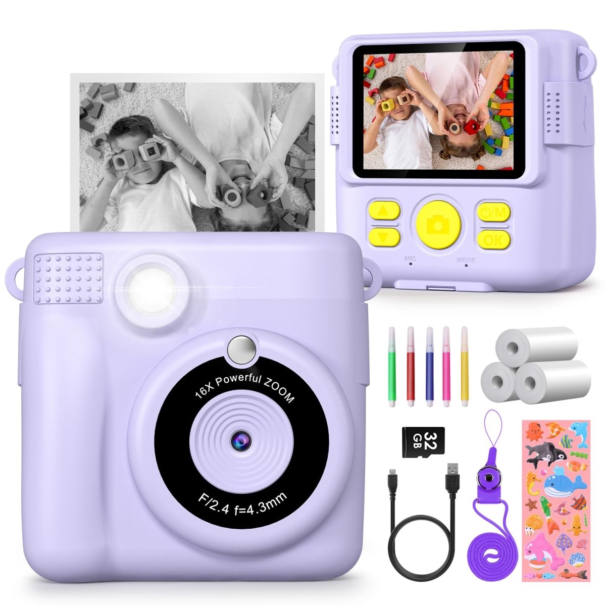 Instant Kids Camera with 2.4” Screen, 1080P, 32GB & Printing Paper - Babies Mall