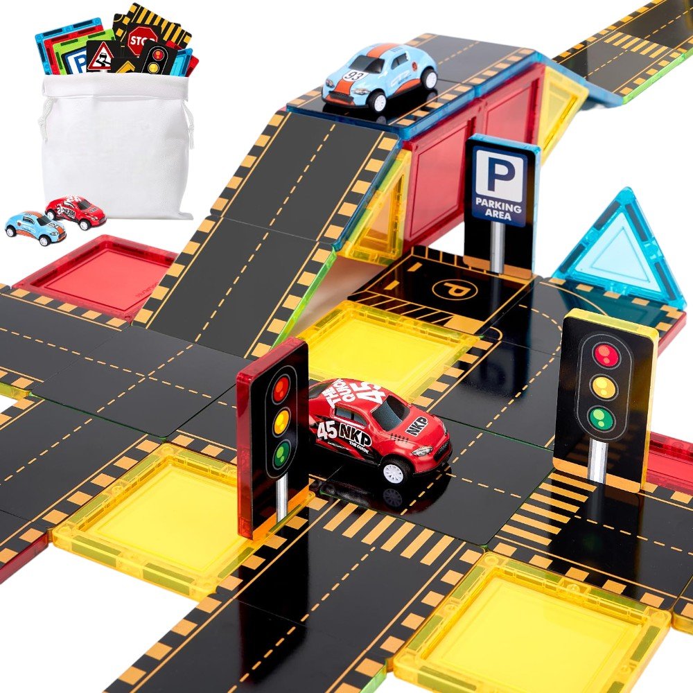Magnetic Train & Road Tiles, Dual - Sided Expansion Pack Set for Kids - Babies Mall
